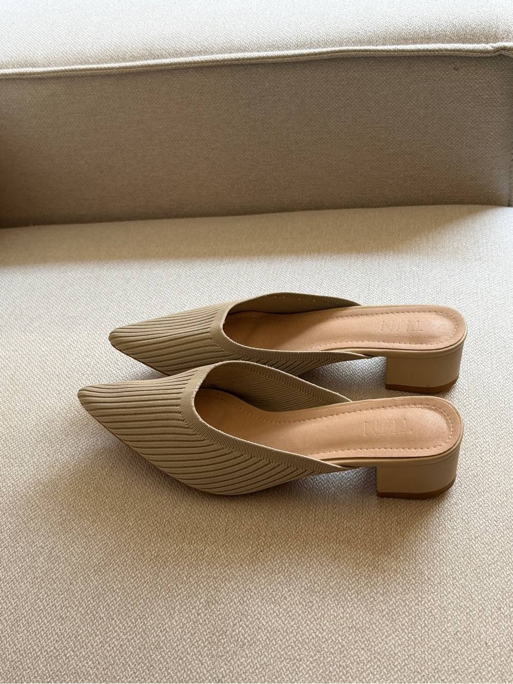 Pointed Toe Slip-On Mules in Beige